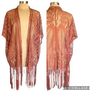 J Roberts Sheer Lace Fringed Kimono Paisley Rust Size M Bohemian Hippie Festival